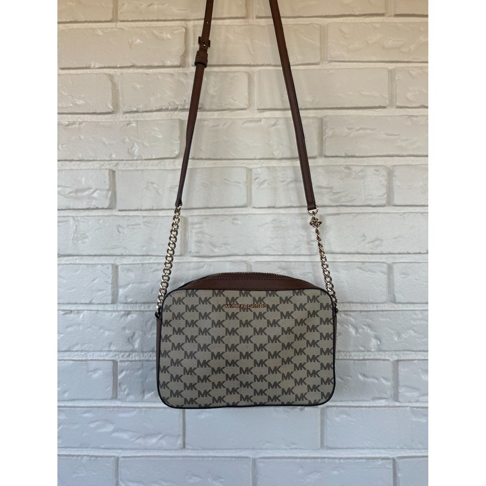 Michael Kors Jet Set‎ Crossbody Signature Logo - Brown Leather & Gold Chain